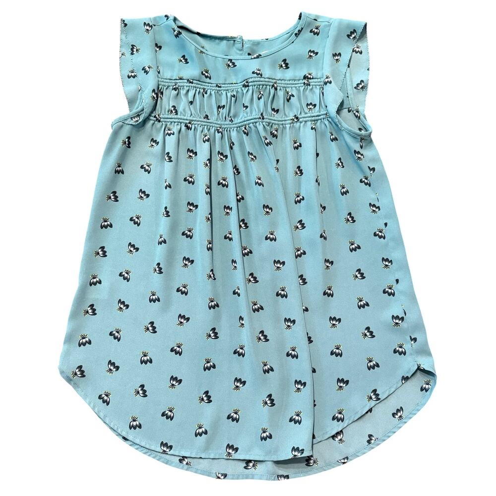 LOFT tank blouse, green w/ blue and yellow flowers, smocked portion, Size XXSP